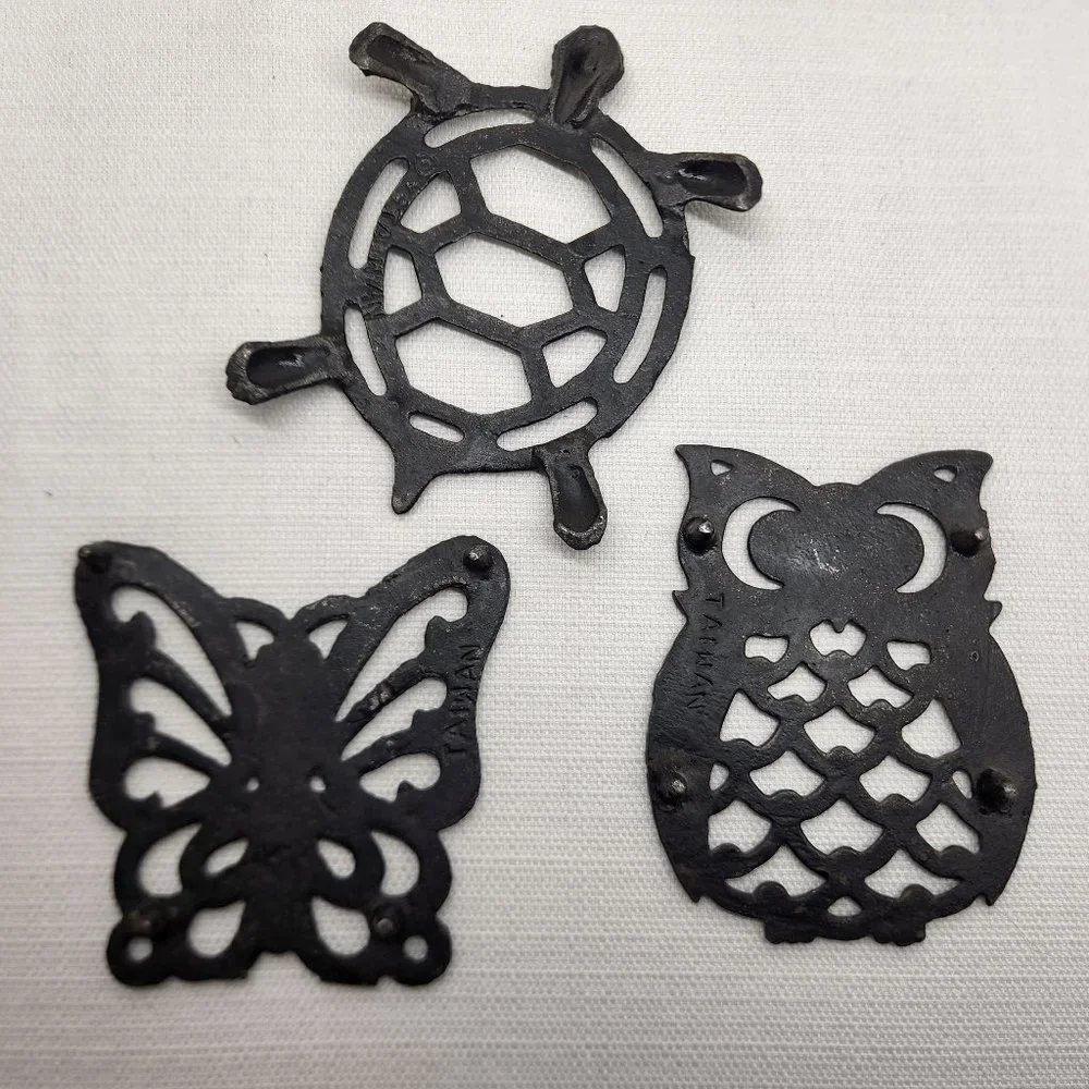 3 Metal Coasters Trivets Butterfly Owl Turtle Taiwan Cast Iron Pan Pot Holders